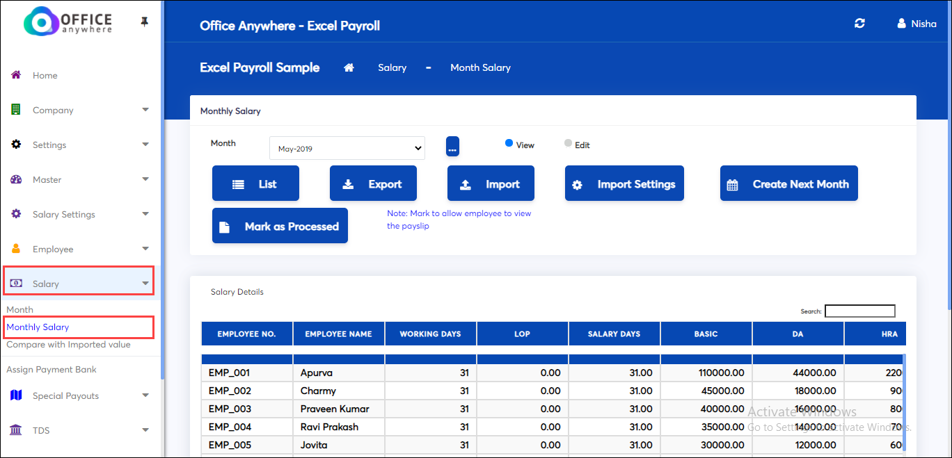 Preview the processed salary for selected month in Excel payroll