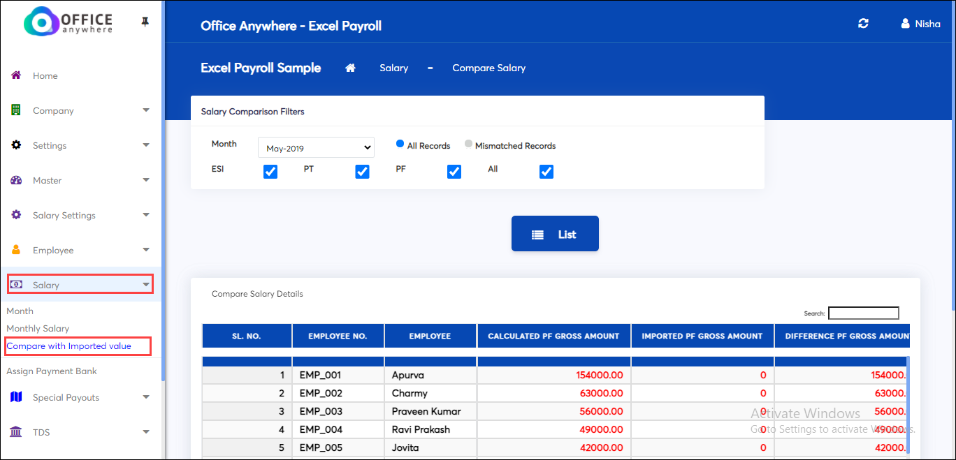 compare calculated salary details with excel comparison in excel
    payroll
