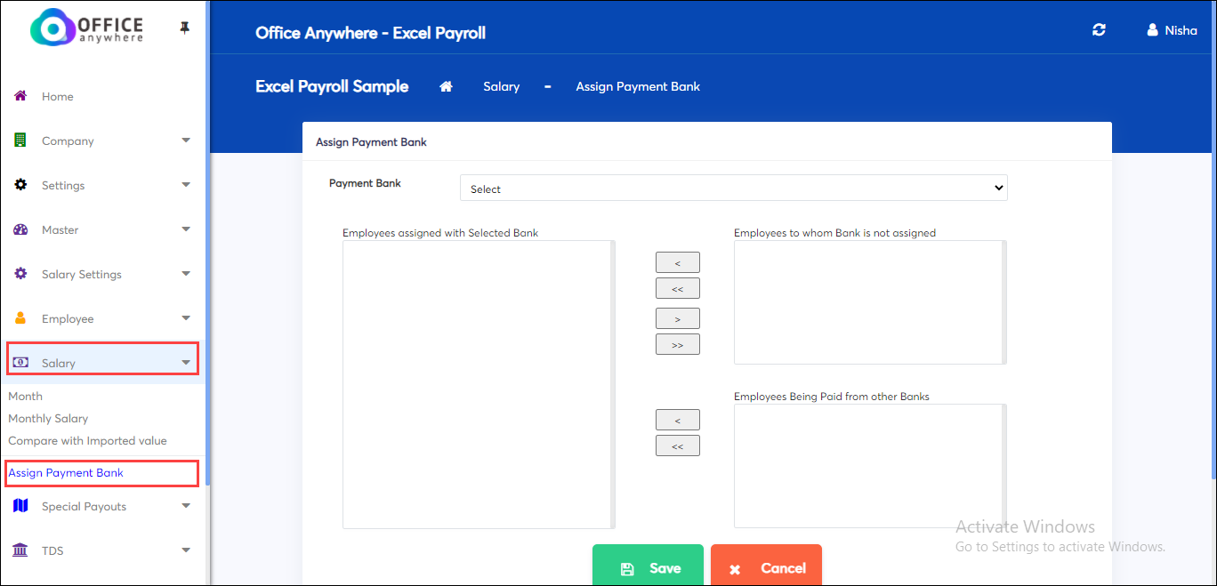 Assign payment bank to employee in excel payroll