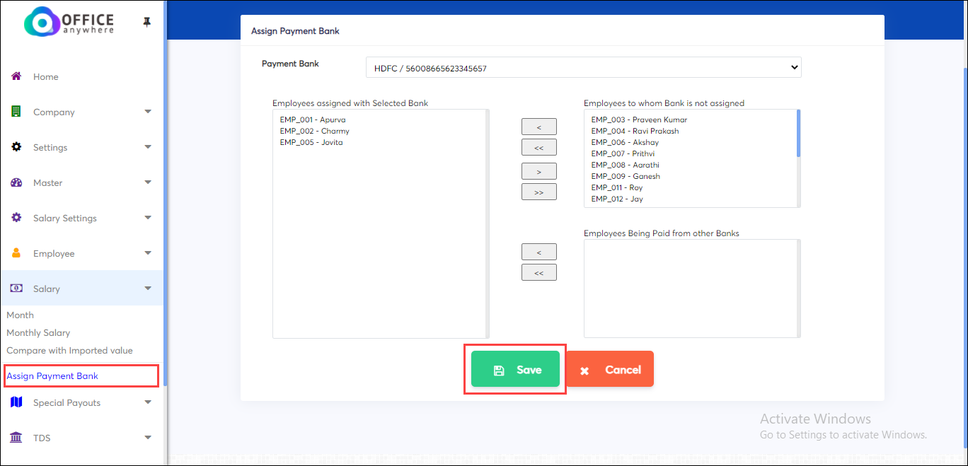 Save Employees assigned with Selected Bank in excel payroll