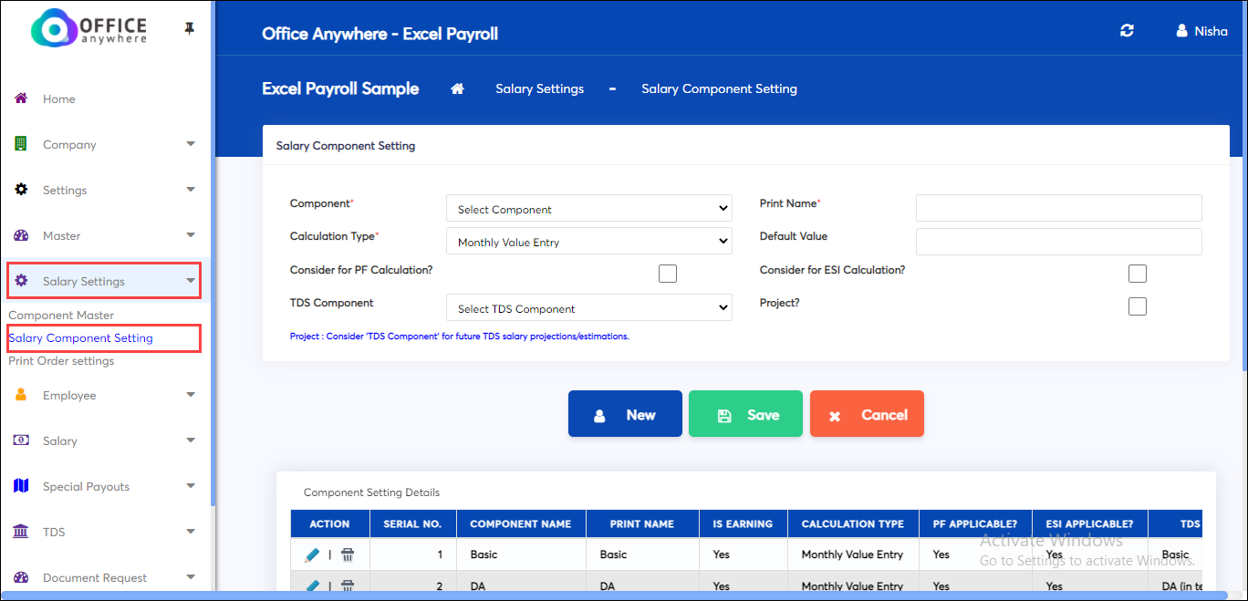Eexcel Payroll Software with Salary Component attributes