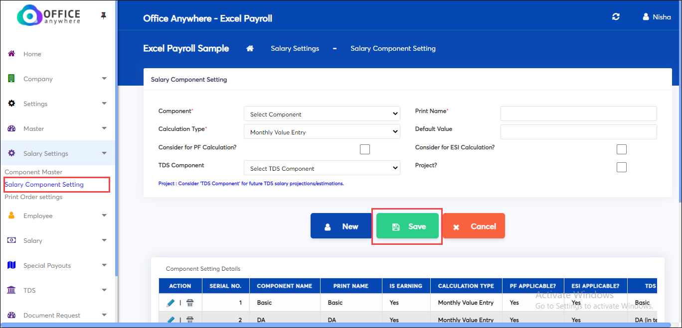 Enter Pring name, calculation type in Eexcel Payroll Software