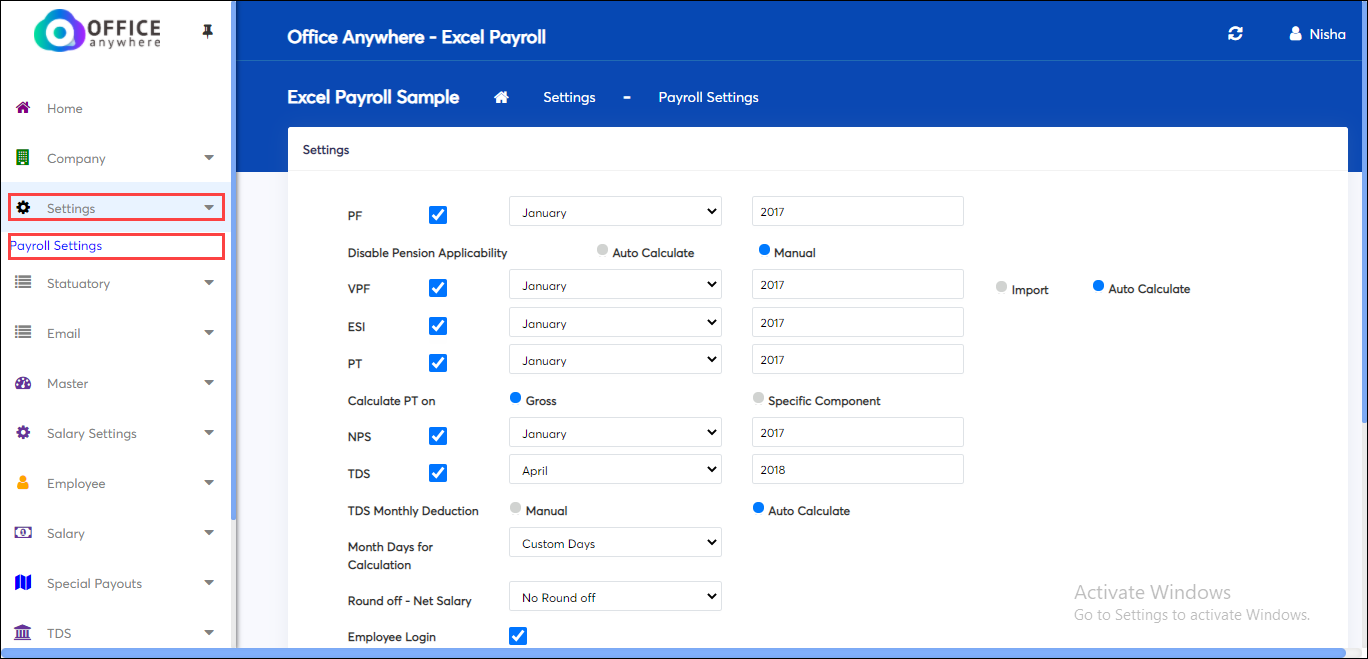 Settings for Salary Calculation in Online Excel Payroll