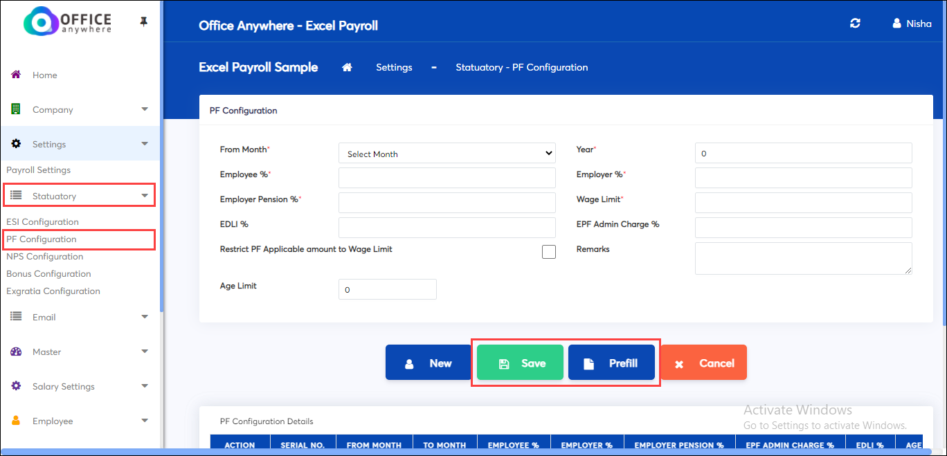 Employee and Employer contribution
rates in Salary Calculation screen