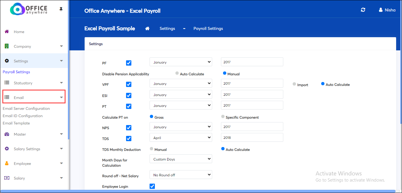 Email Settings for Salary Calculation in Online Excel Payroll