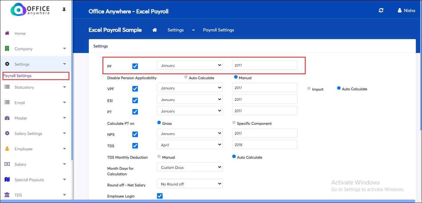 Payroll Settings for Salary Calculation in Online Excel Payroll