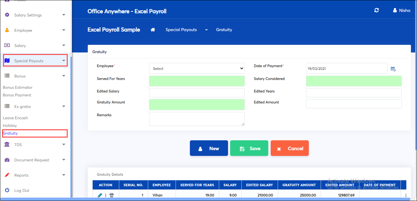 gratuity details in special payouts screen of excel payroll