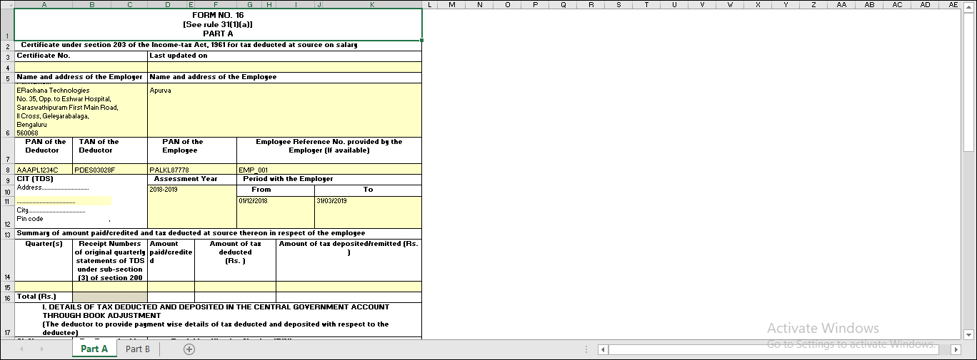 Form 16 report in excel payroll solution