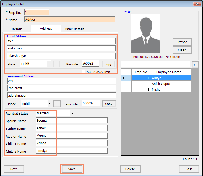 Enter the Local and Permanent Addresses of the employee in Payroll